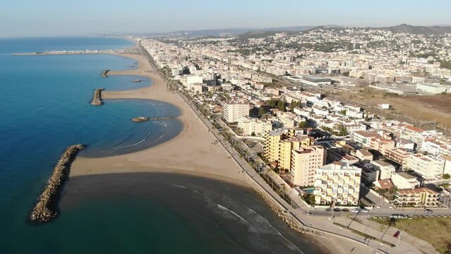 Aerial photo of Mediterranean seashore and pocket beaches in Cunit, province of Tarragona, Spain.