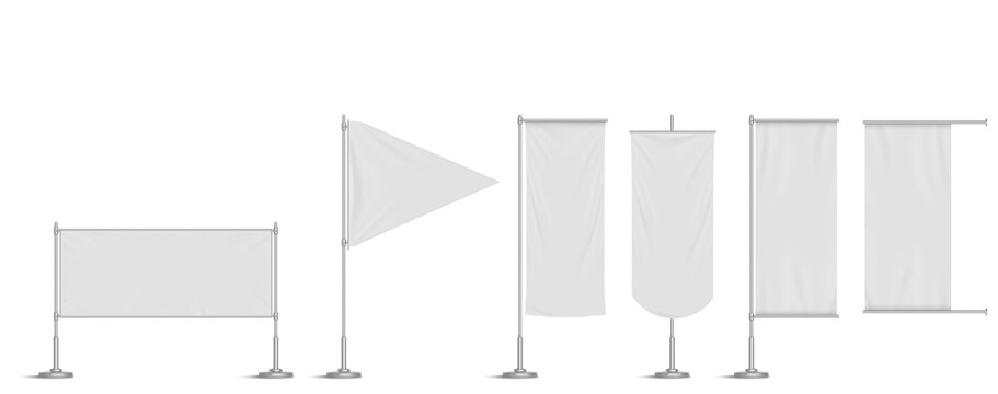 White vinyl banners, triangle flag and pennants on pole. Vector realistic mockup of blank fabric promotion posters, advertising textile banners hanging on metal frame and stand