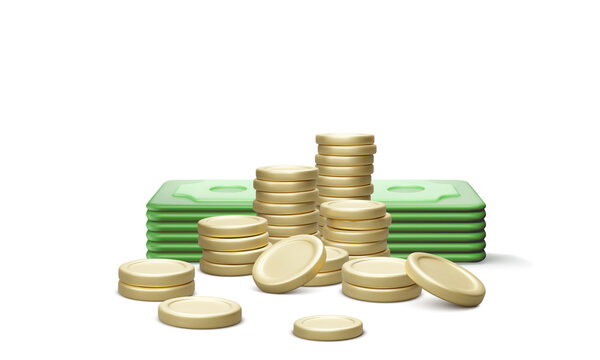 Stack of coins and paper currency 3d render. Realistic money in cartoon style