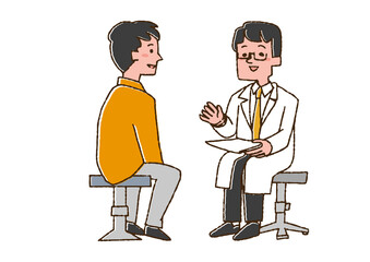 医師の診察を受ける男性　コミカルな手書きの人物　ベクター、線画にカラー