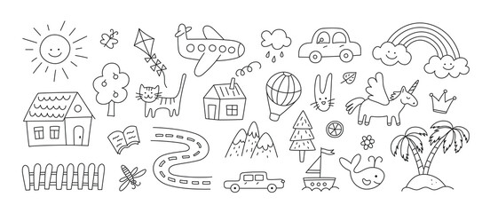 Children drawings set. Kids doodle. Sand island and palm trees. Hand drawn road with car and cute house. Smiling sun and rainbow. Plane flies. Editable stroke. Vector illustration on white background.