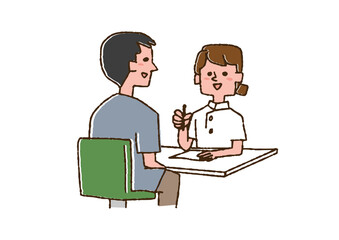 看護婦の問診を受ける男性　コミカルな手書きの人物　ベクター、線画にカラー