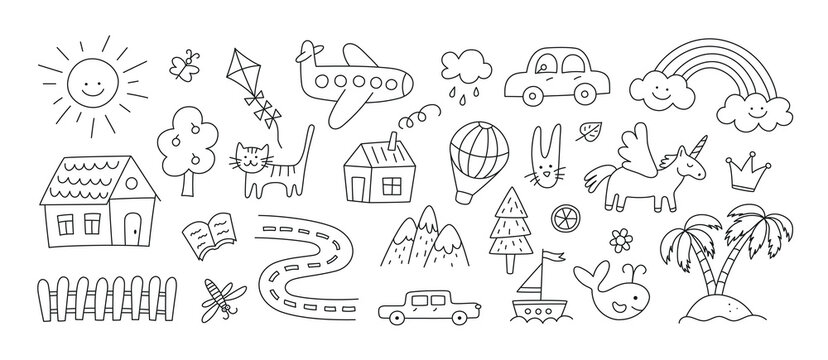 Children drawings set. Kids doodle. Sand island and palm trees. Hand drawn road with car and cute house. Smiling sun and rainbow. Plane flies. Editable stroke. Vector illustration on white background.