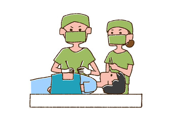 手術を受ける男性　コミカルな手書きの人物　ベクター、線画にカラー