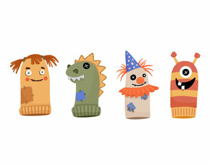 Socks puppets. Dolls for children theatre. Educational game with doll on hand, vector characters isolated on white background. Creepy clown, girl and dragon