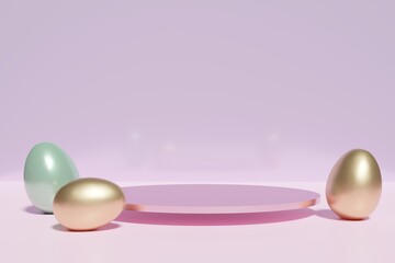 3d render of golden, pink and mint Easter eggs scene with a podium on a pink background