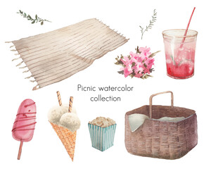 Watercolor picnic collection. Isolated illustrations: plaid, basket, drink, ice cream, floral elements.