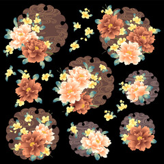 Fototapeta na wymiar Japanese style peony and cloud-shaped material collection,