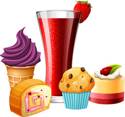 Delicious desserts and drink cartoon set