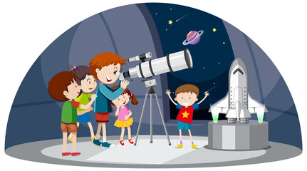 Astronomy theme with kids looking at telescope