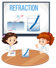 Refraction science experiment with pencil in water beaker