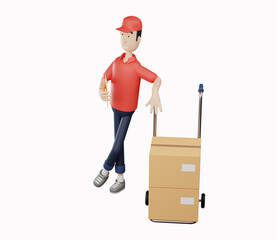 3d courier character leaning on hand truck and holding clipboard on white background. 3d rendering illustration