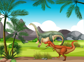 Nature scene with trees on mountains with dinosaur © blueringmedia