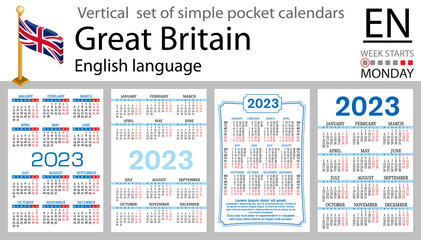 English vertical pocket calendar for 2023. Week starts Monday