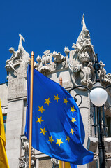 Flag of the European Union in front of historical House with Chimaeras, Kyiv, Ukraine