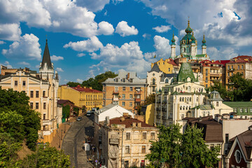 Picturesque view to Andriivsky descent in the center of Ukrainian capital, Kyiv, Ukraine