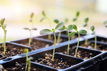 Young Aster seedlings growing in a propagation tray. Spring gardening background.