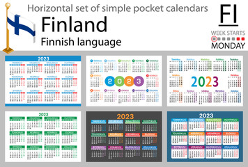 Finnish horizontal pocket calendar for 2023. Week starts Monday