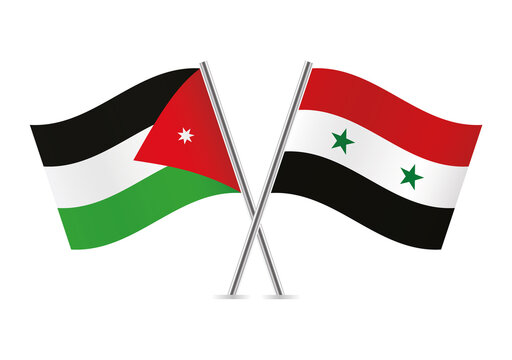 Jordan and Syria crossed flags. Jordanian and Syrian flags on white background. Vector icon set. Vector illustration.