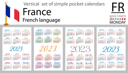 French vertical pocket calendar for 2023. Week starts Monday
