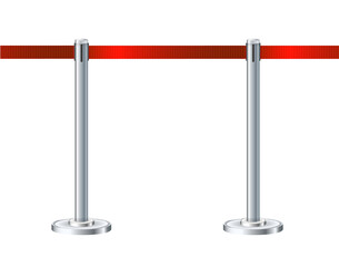 Retractable belt rack. Portable tape barrier. Red tape for fencing. Red carpet with red ropes on silver supports. Exclusive event, movie premiere, gala concert, awards ceremony.