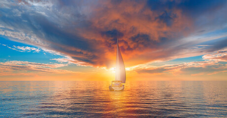 Yacht sailing in open sea at stormy day - Anchored sailing yacht on calm sea with tropical storm 