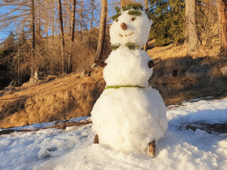 A snowman decorated with branches of a Christmas tree and with a nose made of cones stands in the...