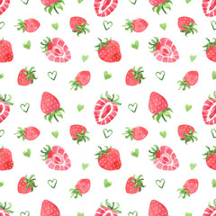 Juicy strawberry watercolor seamless pattern. Bright red berries, green leaves, strawberry flowers. botanical illustration. For packaging, print, textile, fabric, digital paper. Summer sweet berries