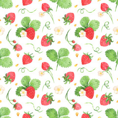Juicy strawberry watercolor seamless pattern. Bright red berries green, leaves, flowers. Botanical illustration. Packaging paper, print, background, fabric, digital paper. Summer sweet berries