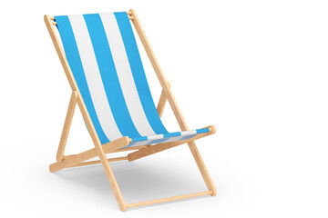 Blue striped beach chair for summer getaways isolated on white background. - obrazy, fototapety, plakaty