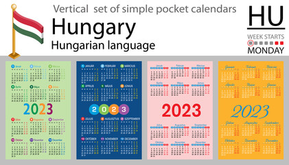 Hungarian vertical pocket calendar for 2023. Week starts Monday