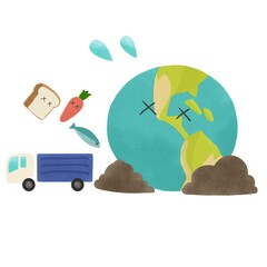 食品ロス　トラックで運ばれるゴミと地球の手描きイラスト