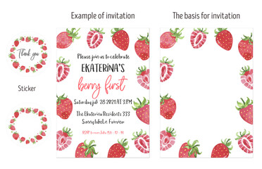 Juicy strawberry watercolor invitation card layout.  Bright red berries cute strawberry illustration. For packages, cards. Summer sweet and bright berries. Baby shower, birthday invitation card