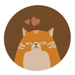 Cute cat illustration in circle for you cards, avatars and other designs. Icon of cat isolated on white background. Cat with hearts.