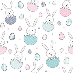 Smiley Easter bunnies and decorative eggs. Concept of a seamless pattern. Vector