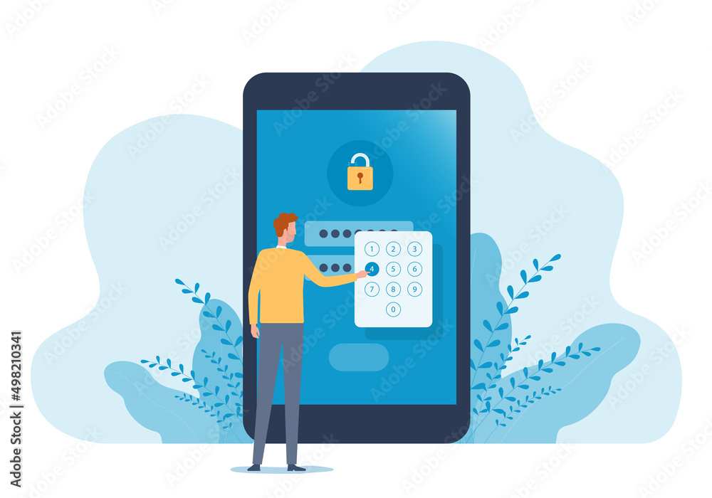 Poster Flat vector developer setting security system for protect data account and user key password for login mobile phone application concept