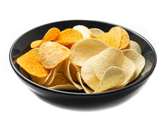 Black bowl of potato chips mix isolated on white background