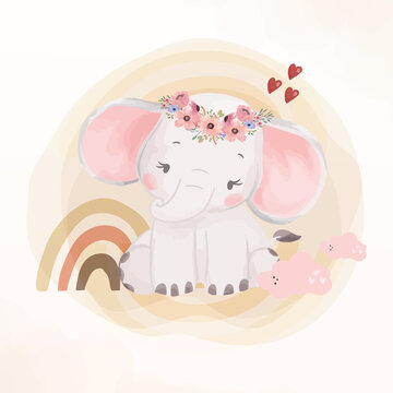 Lovely Little Baby Elephant sitting with rainbow and love. Watercolor animal with flower wreath