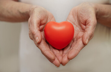 Grandmother woman hands holding red heart, healthcare, love, organ donation, mindfulness, wellbeing, family insurance and CSR concept, world heart day, world health day, national organ donor day