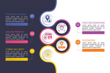 Infographic Internet Security template. Icons in different colors. Include Cyber Security, Password, Online Privacy, Face Recognition and others.