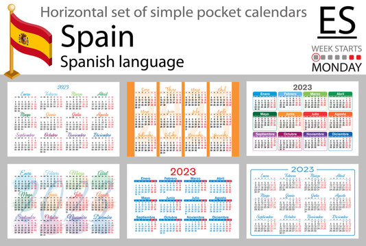 Spanish horizontal pocket calendar for 2023. Week starts Monday