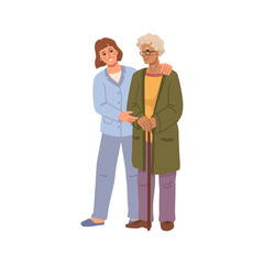Care and assistance for senior people, isolated nurse helping elderly woman with walking stick. Vector flat cartoon character in nursing home or hospital. Therapy and treatment for old lady