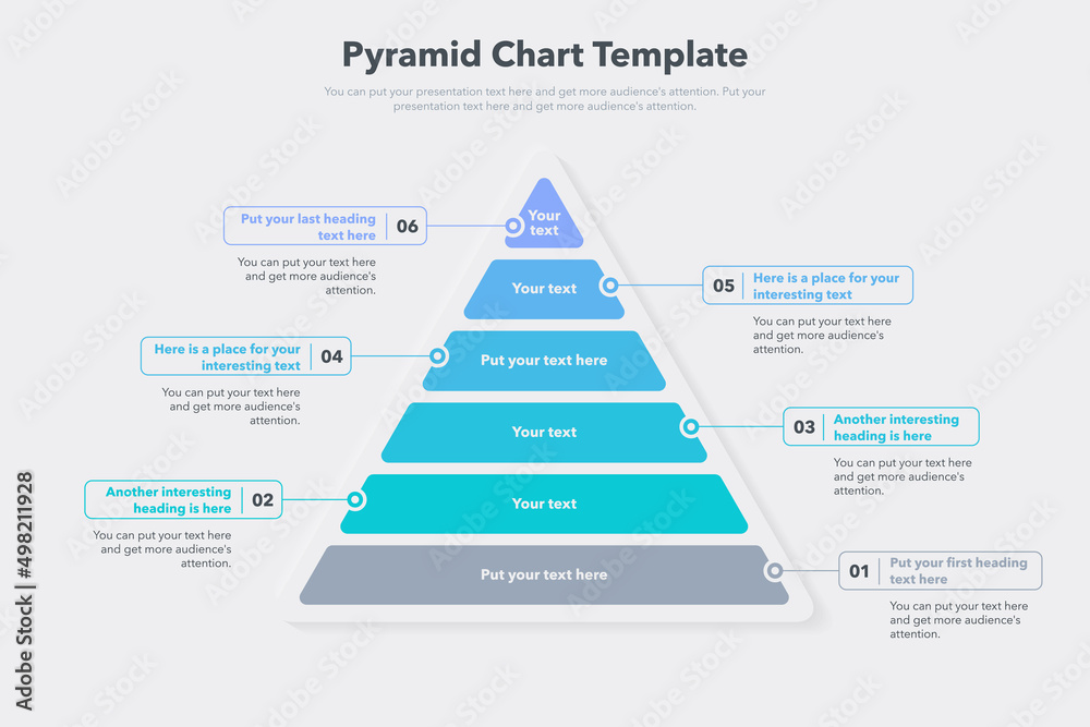 Poster Pyramid graph template with six colorful steps. Easy to use for your website or presentation.