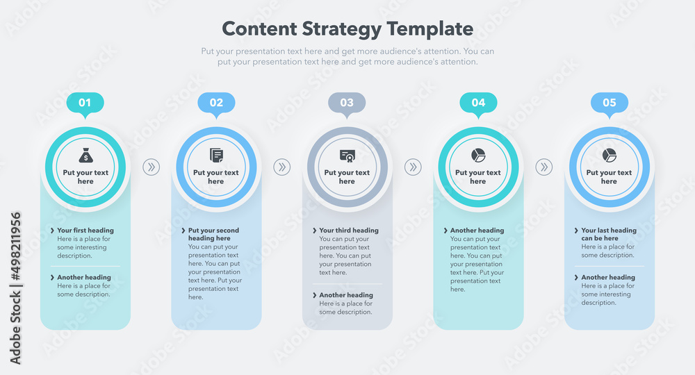 Leinwandbilder Content strategy template with five stages and place for your content. Easy to use for your website or presentation.	