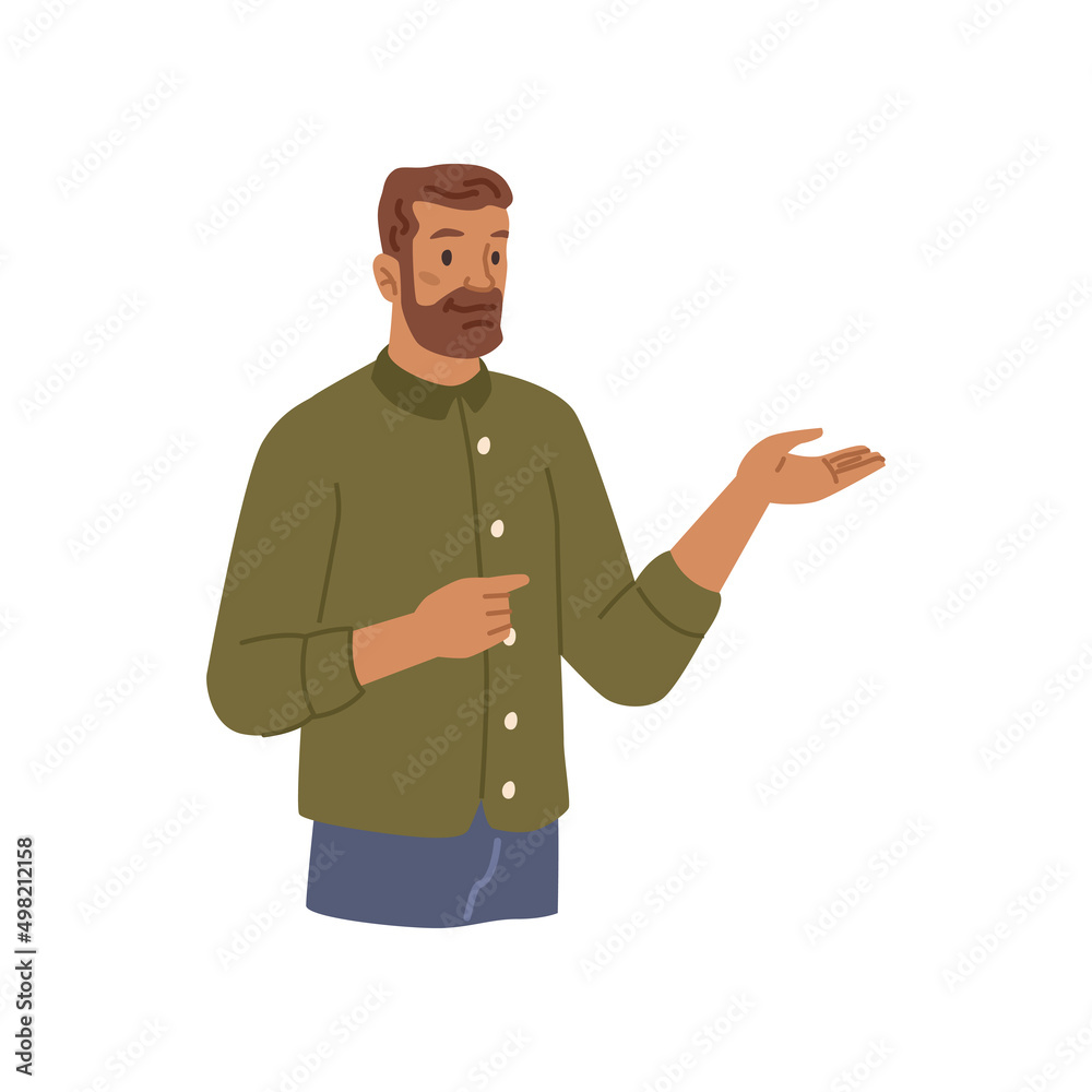 Poster Business development presentation, isolated bearded worker showing points and gesturing. Vector flat cartoon character leading meeting, making examples. Conference or promotion marketing