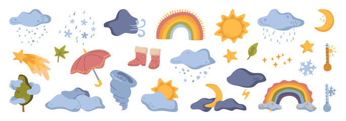 Cute and funny weather icons, isolated umbrella, rain and rainbow. Vector in flat style, clouds and sunshine, moon and shooting stars, tornado and tree. Heat and cold temperature seasons