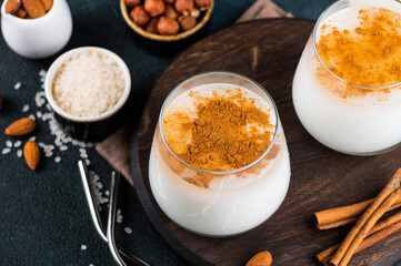Delicious Horchata with cinnamon in the top. Rice water. Valencian Horchata made with rice, milk and cinnamon topping. Mexican drink. Vegetarian cocktail. Rice milk.