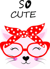 cute cat with red glass and bandana vector illustration