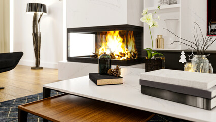 modern living room, living room with fireplace, , living room interior, books on the coffee table and a modern fireplace and fire in the background, villa design with fireplace, 3d visual image
