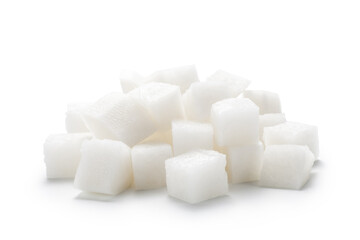 Pile of chopped white radish isolated on white background